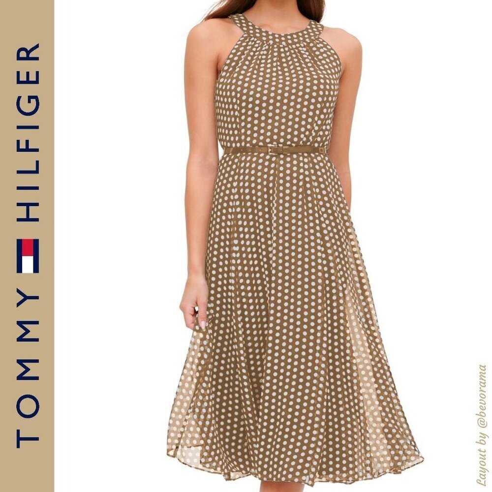 Y Tommy Hilfiger Brown & White Polka Dot Pleated Mini Pretty Woman Dress